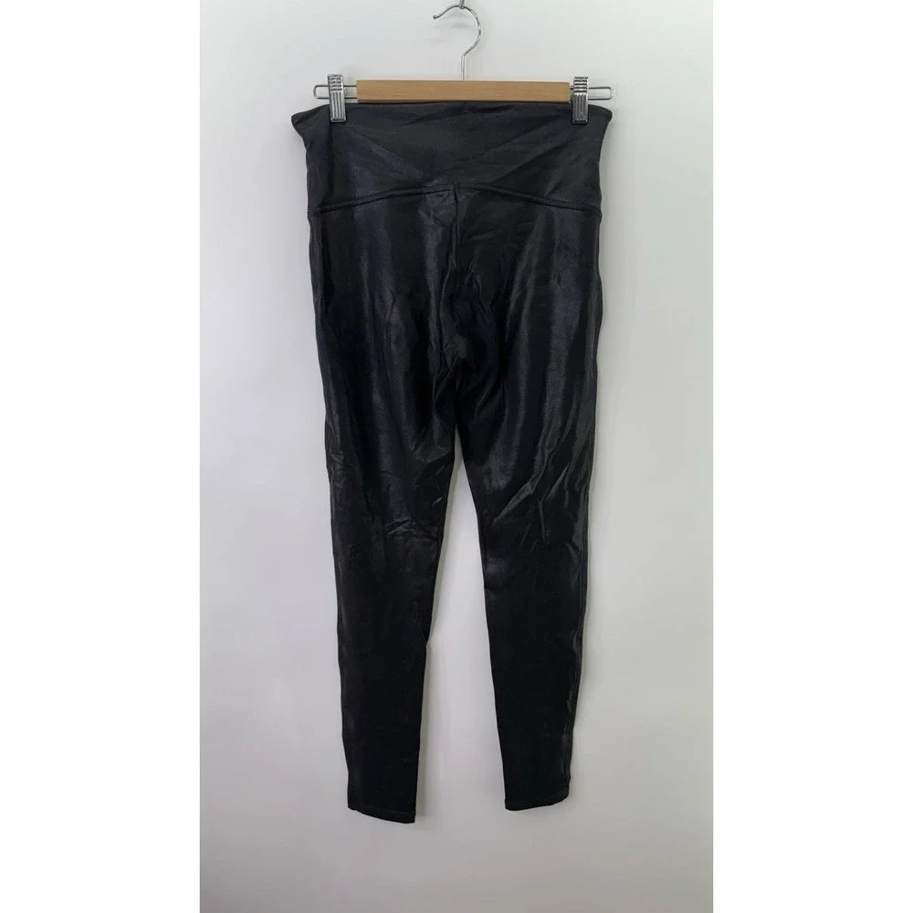 SPANX Faux Leather Black Leggings Stretch Pull On Pants Vegan Women's Size LARGE